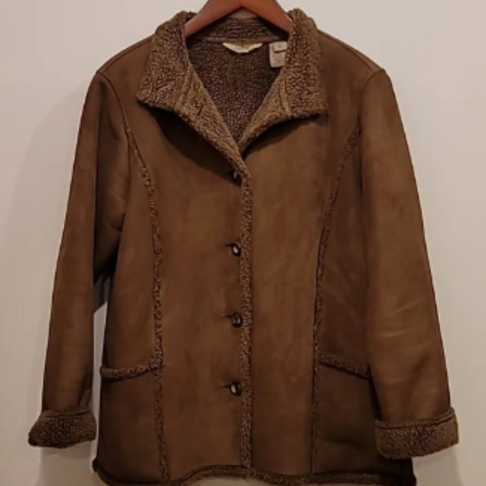 L.L. Bean Womans Vintage Brown Faux Suede Microfiber Jacket Coat Size L Sherpa